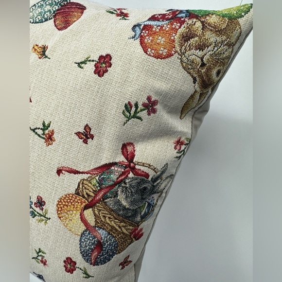 Caldeira Embroidered Bunny Tapestry Throw Pillow Cushion Easter Eggs Down Fill - Picture 4 of 5